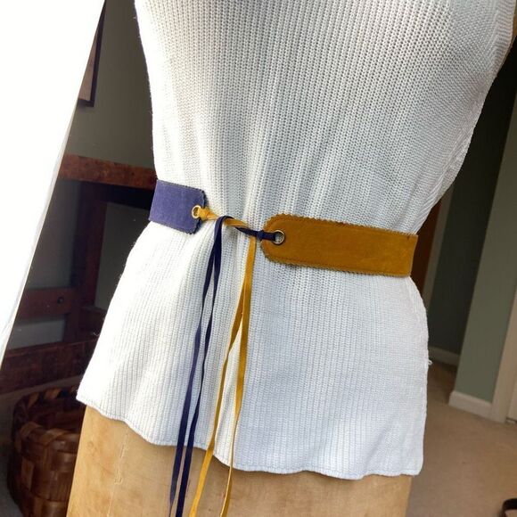 Vintage 70s Country Set Yellow and Navy Hippie Fringe Belt - One Size - Picture 2 of 10